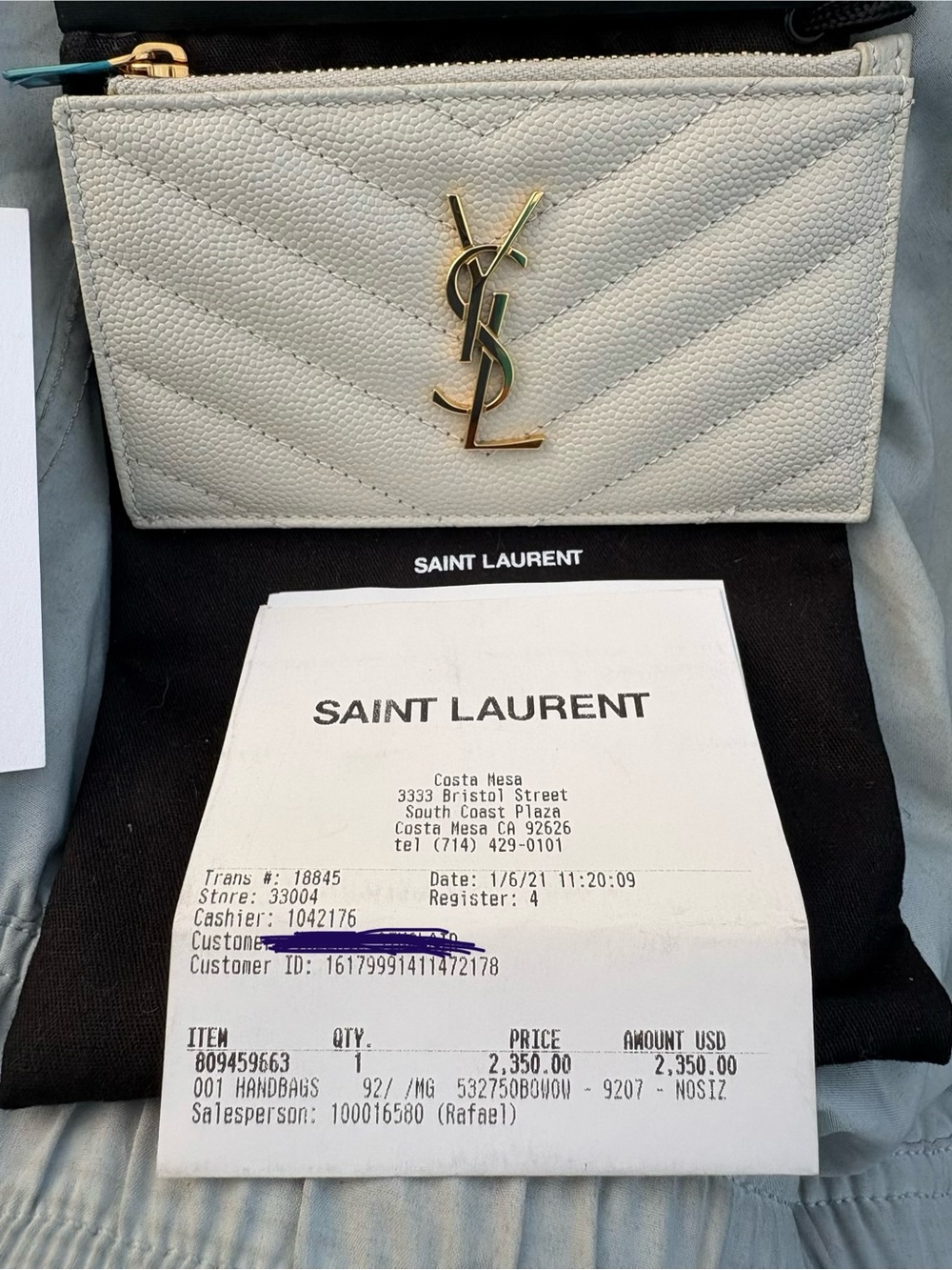 Saint Laurent Cream Quilted Leather Card Pouch with Gold YSL Accent